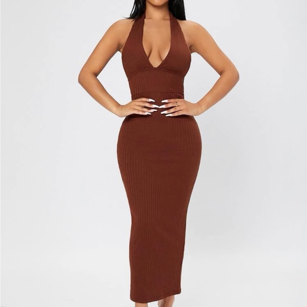 Brown Ribbed Knit Tie Backless Halter Bodycon
